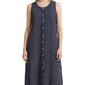 Lungo L'Arno Sheath Dress Button Up Stripe Sleeveless Lace Trim Linen Blue Large